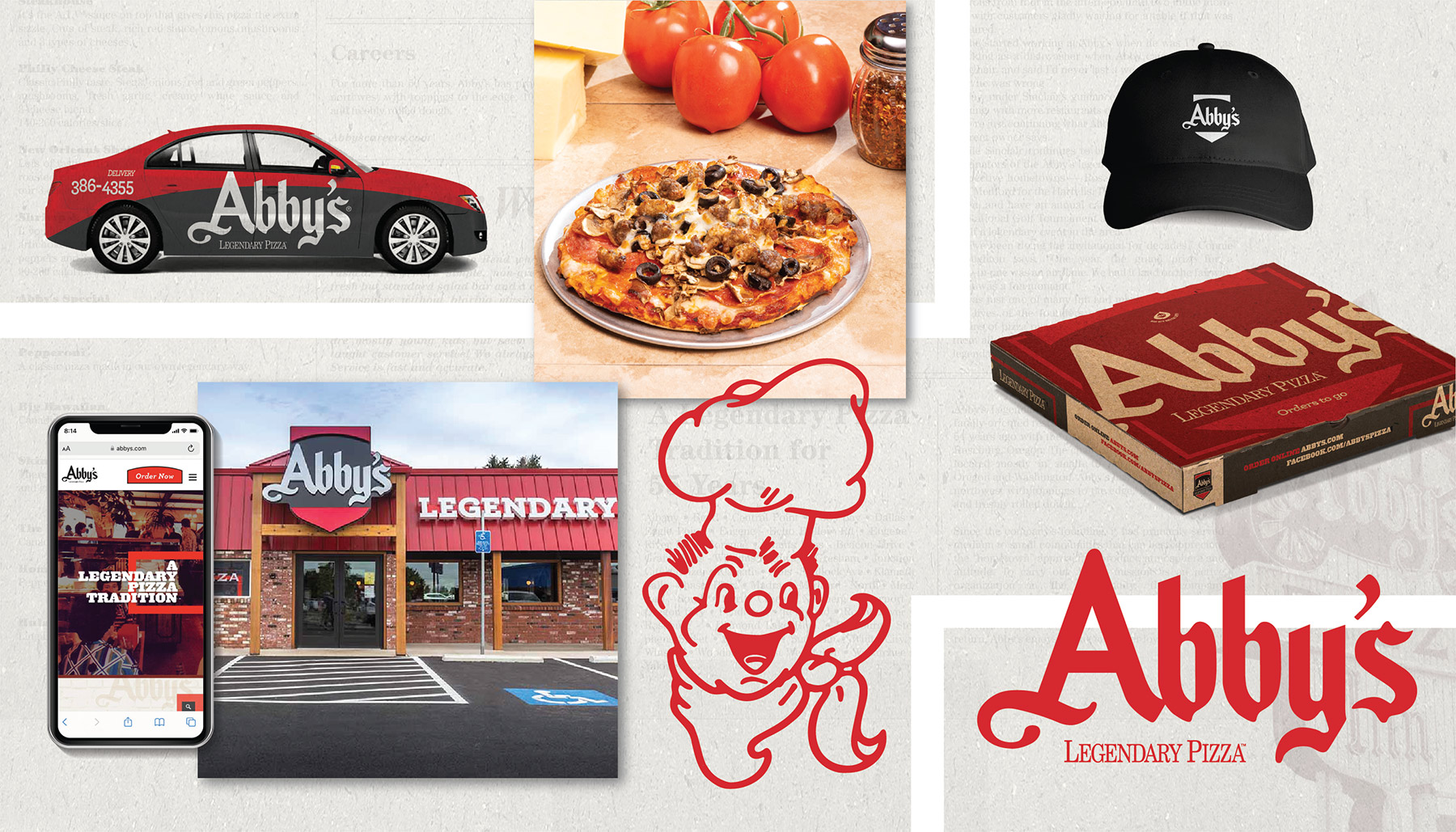 Collage of assets for Abby's Pizza