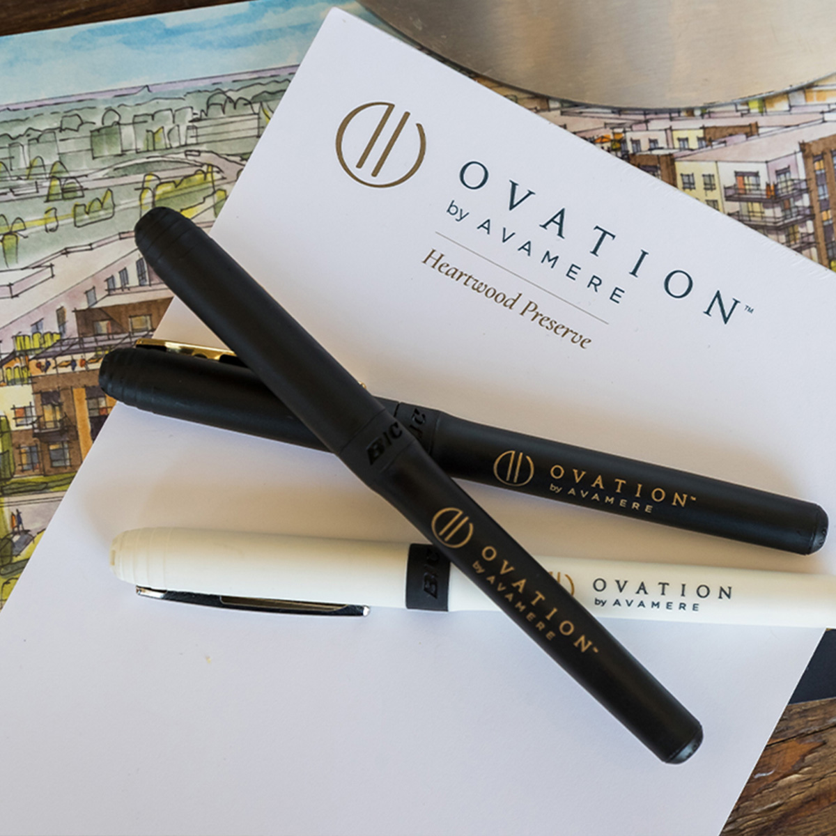 Ovation-branded stationary and pens