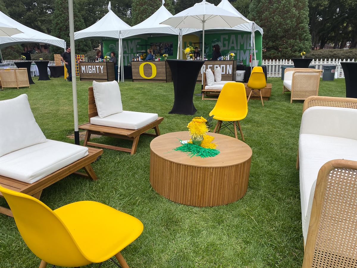 Outdoor seating at the Mighty Oregon tailgate